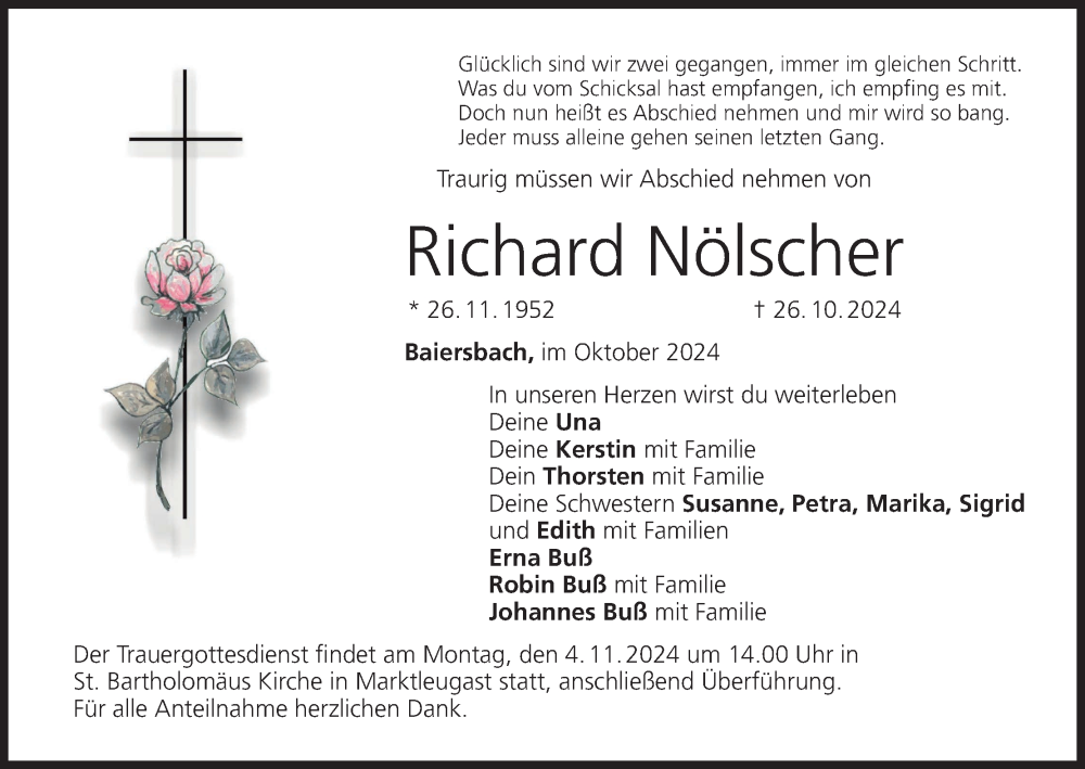  Traueranzeige für Richard Nölscher vom 30.10.2024 aus MGO
