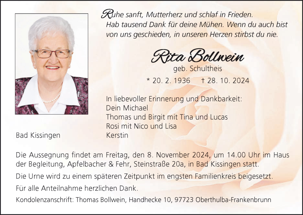  Traueranzeige für Rita Bollwein vom 02.11.2024 aus MGO