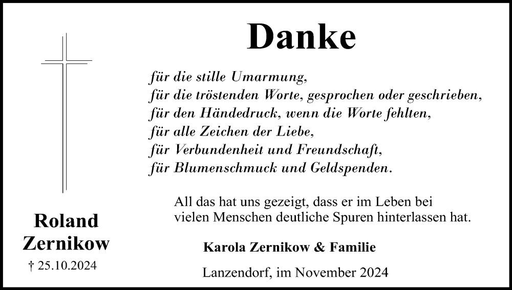  Traueranzeige für Roland Zernikow vom 23.11.2024 aus MGO