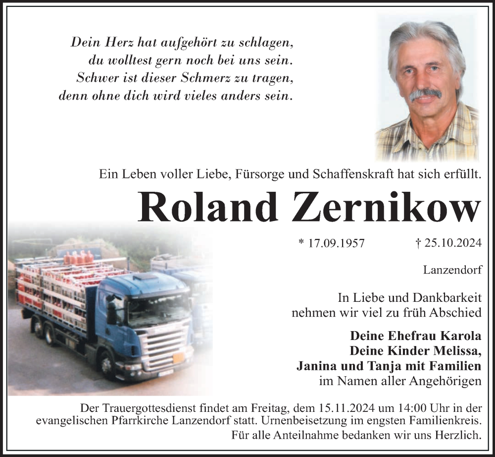  Traueranzeige für Roland Zernikow vom 02.11.2024 aus MGO