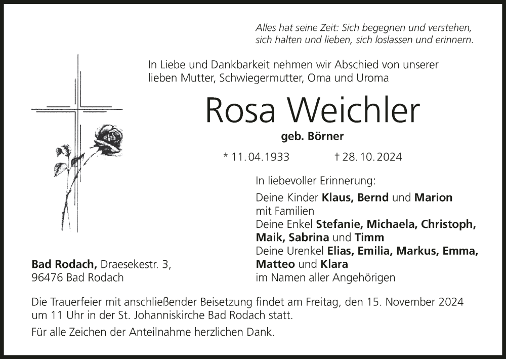  Traueranzeige für Rosa Weichler vom 09.11.2024 aus MGO