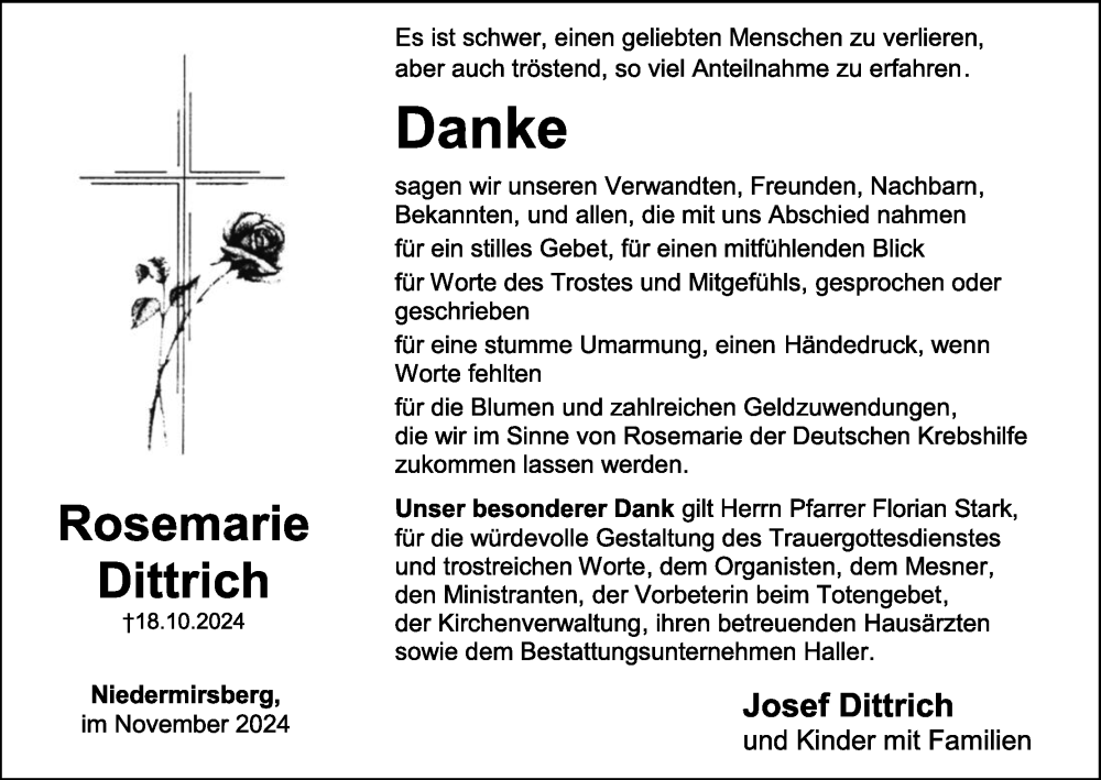  Traueranzeige für Rosemarie Dittrich vom 23.11.2024 aus MGO