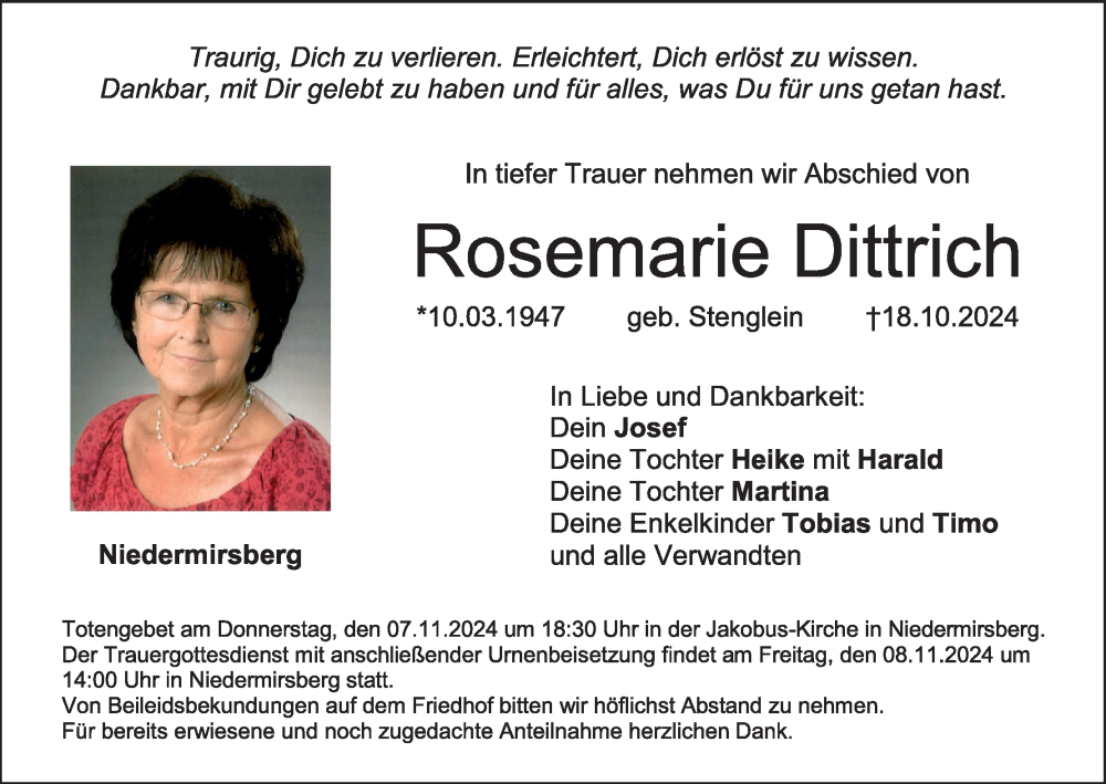  Traueranzeige für Rosemarie Dittrich vom 02.11.2024 aus MGO