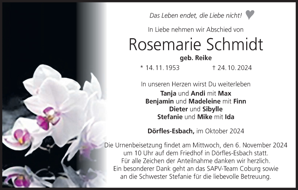  Traueranzeige für Rosemarie Schmidt vom 02.11.2024 aus MGO