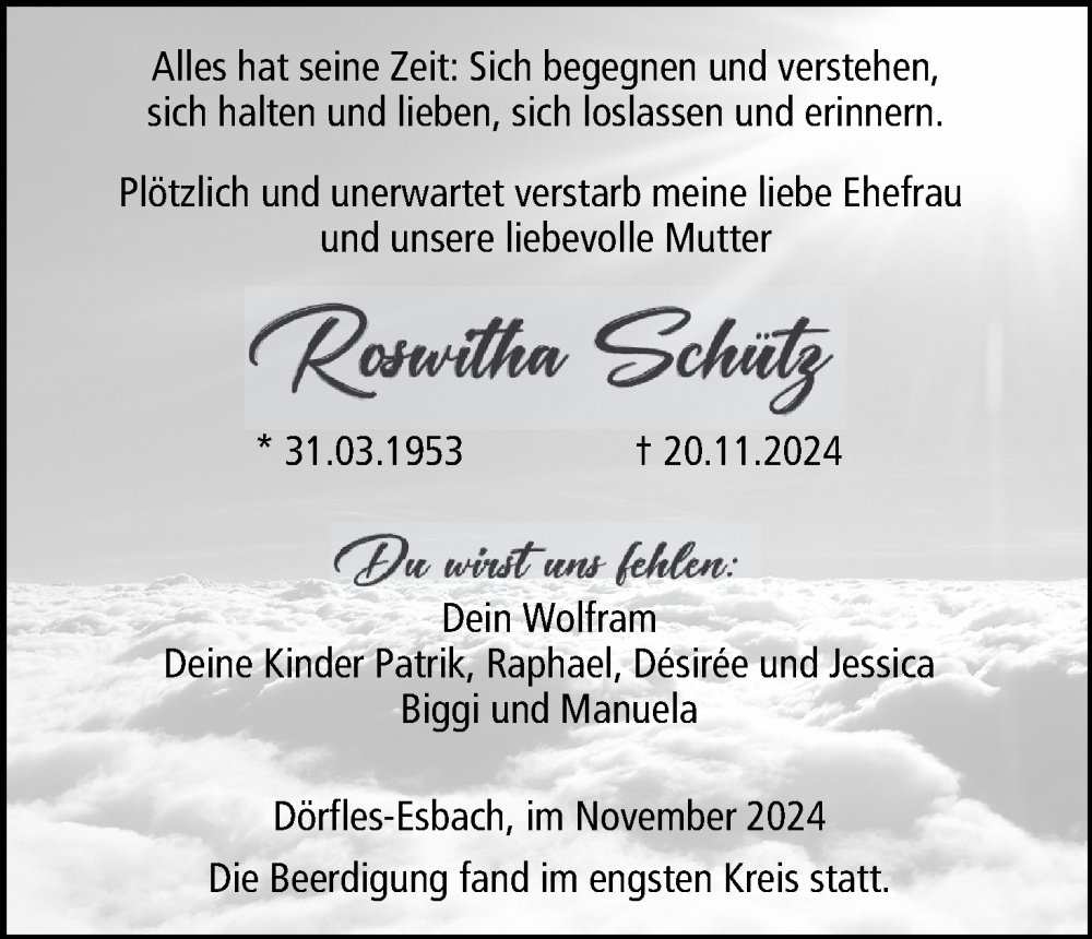  Traueranzeige für Roswitha Schütz vom 30.11.2024 aus MGO