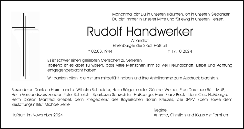  Traueranzeige für Rudolf Handwerker vom 16.11.2024 aus MGO
