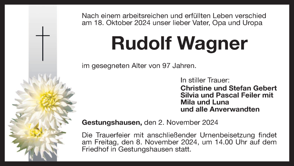  Traueranzeige für Rudolf Wagner vom 02.11.2024 aus MGO