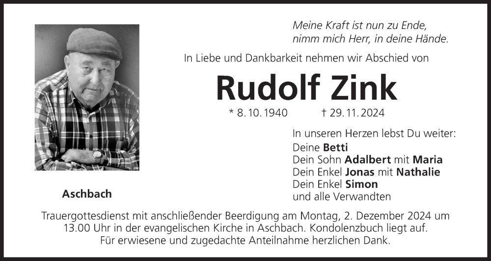  Traueranzeige für Rudolf Zink vom 30.11.2024 aus MGO