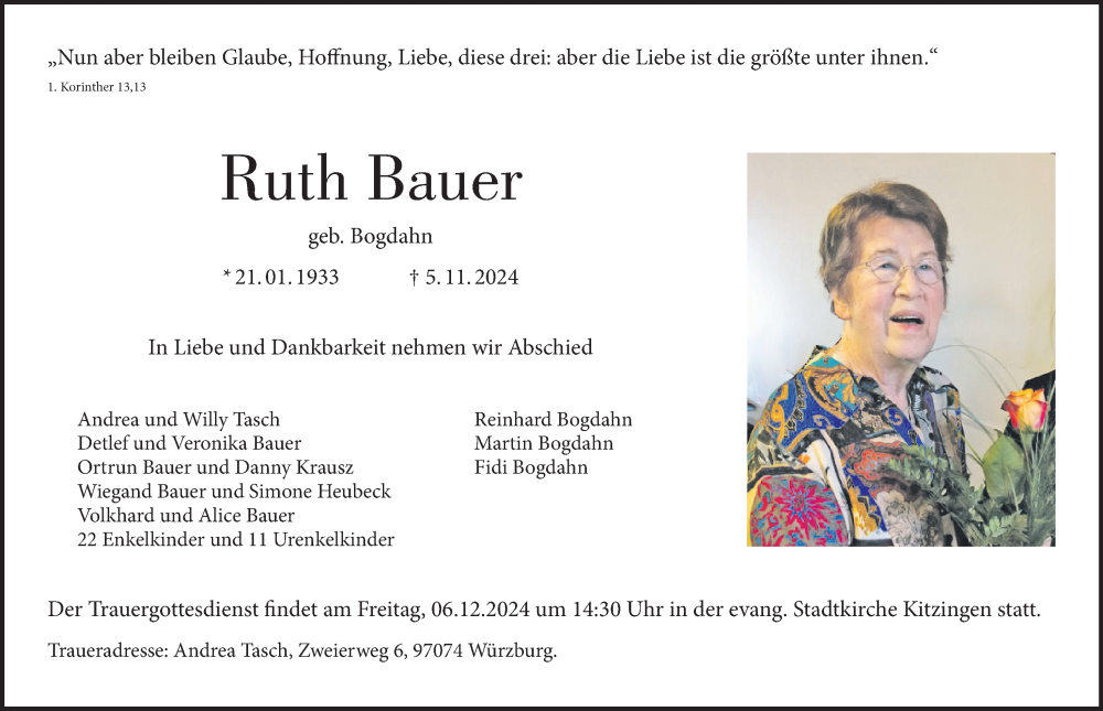  Traueranzeige für Ruth Bauer vom 23.11.2024 aus MGO