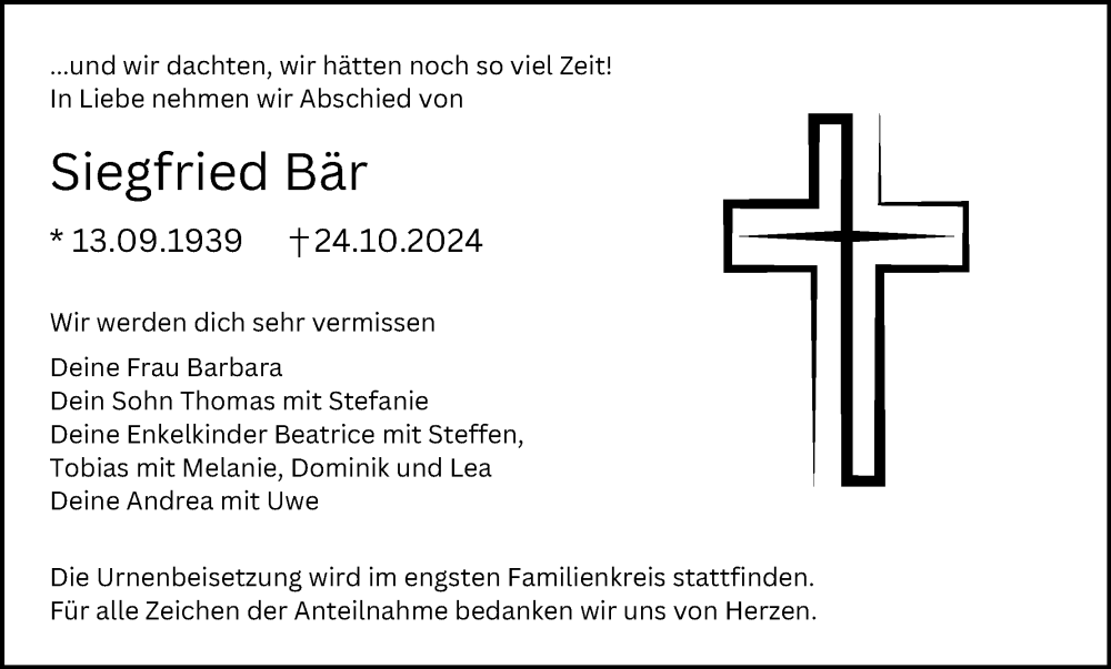  Traueranzeige für Siegfried Bär vom 16.11.2024 aus MGO