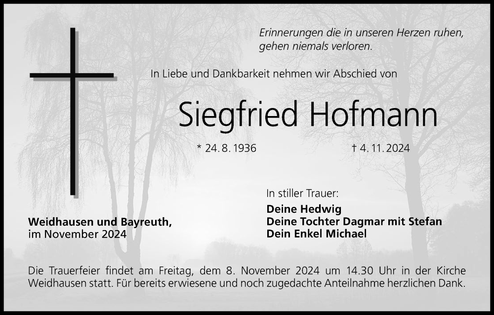 Traueranzeige für Siegfried Hofmann vom 07.11.2024 aus MGO