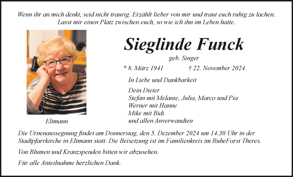  Traueranzeige für Sieglinde Funck vom 30.11.2024 aus MGO