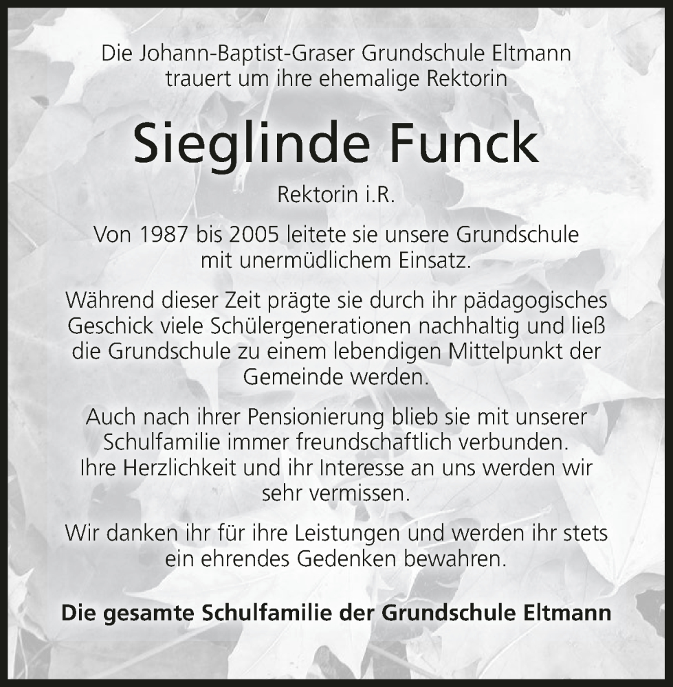  Traueranzeige für Sieglinde Funck vom 30.11.2024 aus MGO