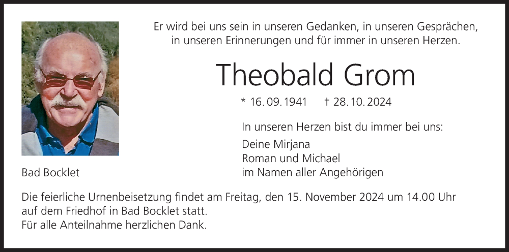  Traueranzeige für Theobald Grom vom 09.11.2024 aus MGO