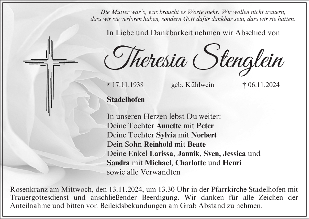  Traueranzeige für Theresia Stenglein vom 09.11.2024 aus MGO