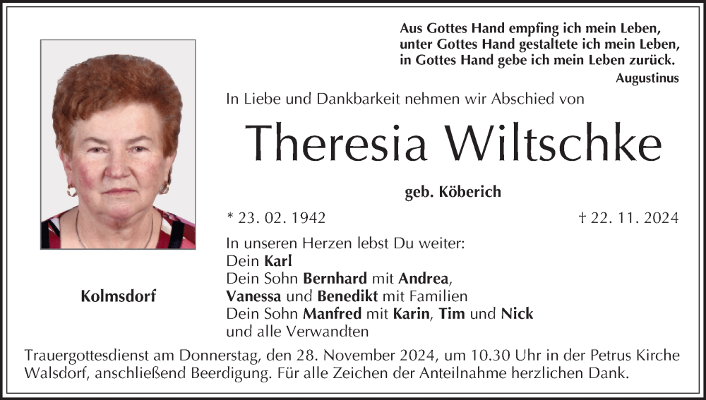  Traueranzeige für Theresia Wiltschke vom 26.11.2024 aus MGO