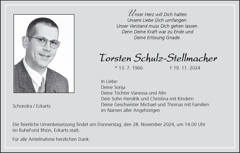  Traueranzeige für Torsten Schulz-Stellmacher vom 23.11.2024 aus MGO