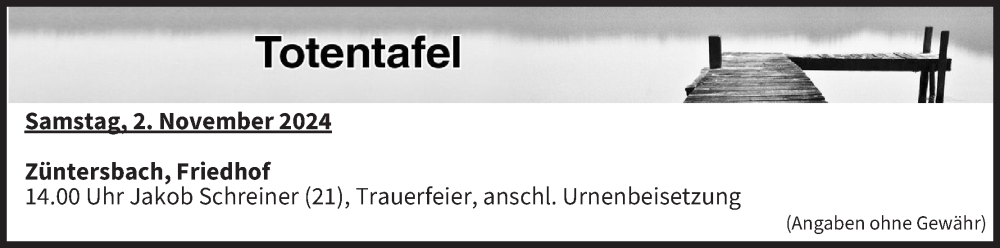  Traueranzeige für Totentafel vom 02.11.2024 vom 02.11.2024 aus MGO