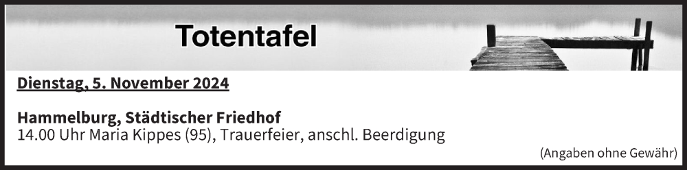  Traueranzeige für Totentafel vom 05.11.2024 vom 05.11.2024 aus MGO