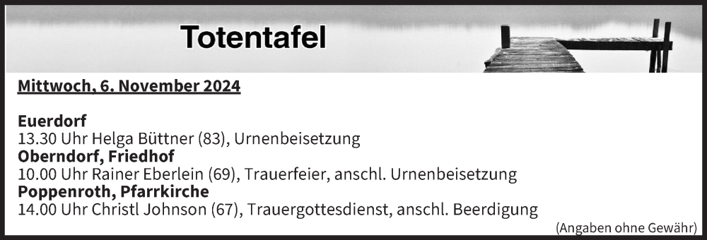  Traueranzeige für Totentafel vom 06.11.2024 vom 06.11.2024 aus MGO