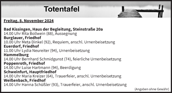 Anzeige von Totentafel vom 08.11.2024 von MGO