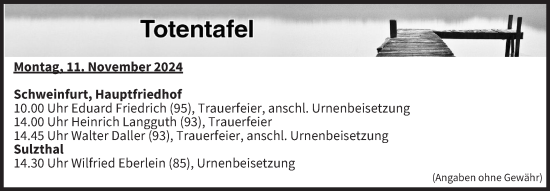Anzeige von Totentafel vom 11.11.2024 von MGO