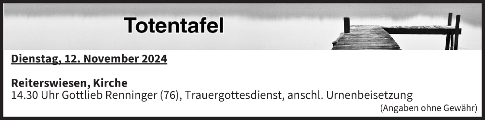  Traueranzeige für Totentafel vom 12.11.2024 vom 12.11.2024 aus MGO