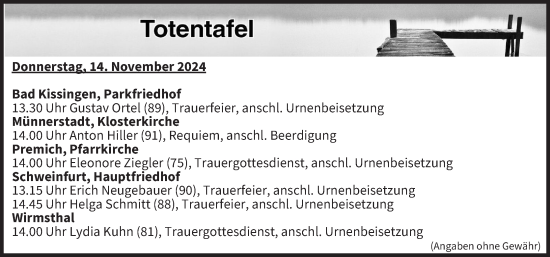 Anzeige von Totentafel vom 14.11.2024 von MGO