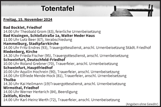 Anzeige von Totentafel vom 15.11.2024 von MGO