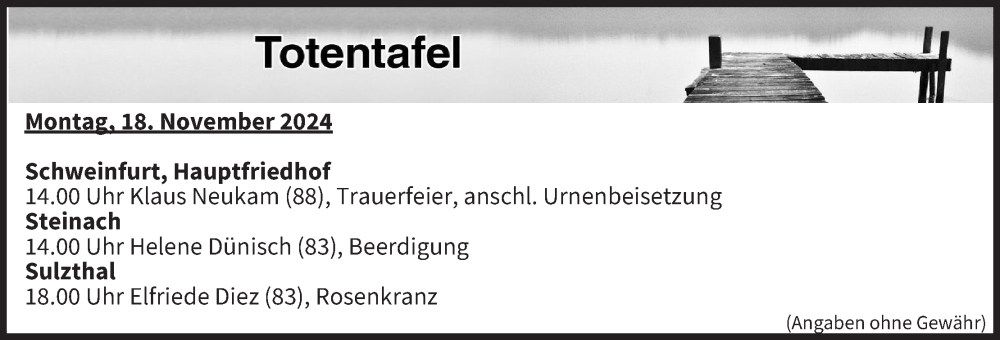  Traueranzeige für Totentafel vom 18.11.2024 vom 18.11.2024 aus MGO