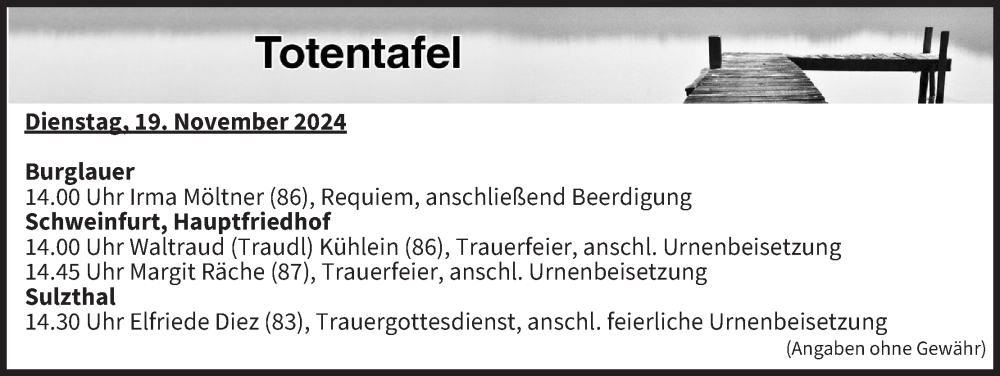  Traueranzeige für Totentafel vom 19.11.2024 vom 19.11.2024 aus MGO
