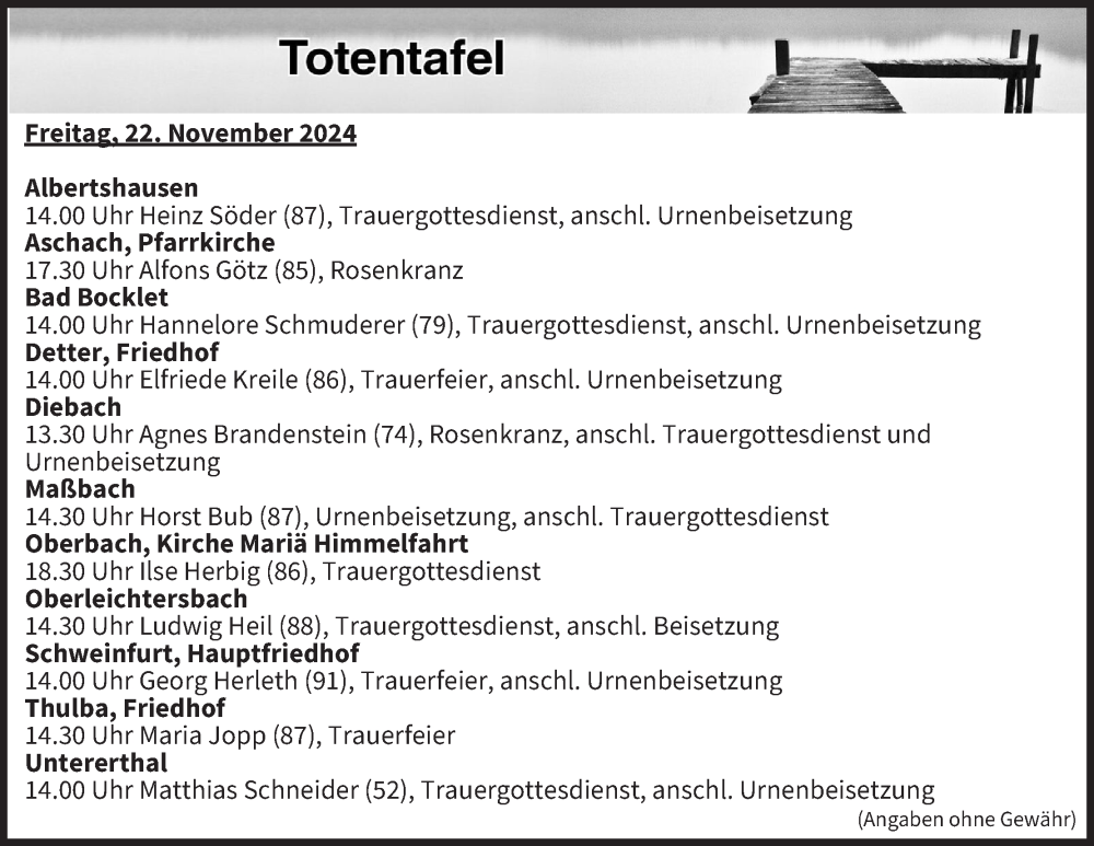  Traueranzeige für Totentafel vom 22.11.2024 vom 22.11.2024 aus MGO