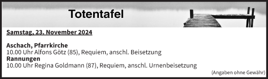 Anzeige von Totentafel vom 23.11.2024 von MGO