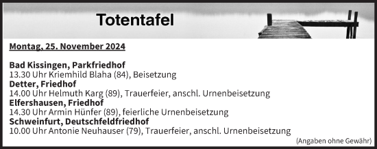 Anzeige von Totentafel vom 25.11.2024 von MGO