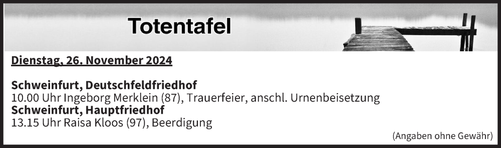  Traueranzeige für Totentafel vom 26.11.2024 vom 26.11.2024 aus MGO