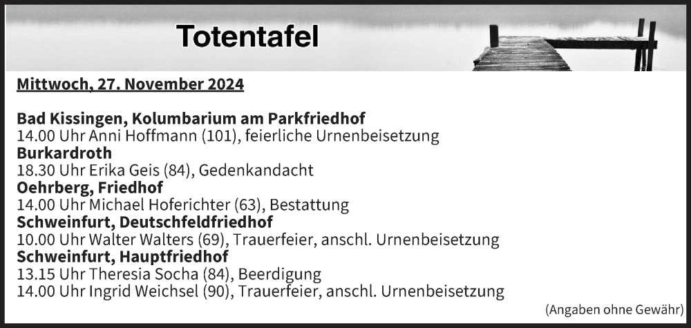  Traueranzeige für Totentafel vom 27.11.2024 vom 27.11.2024 aus MGO