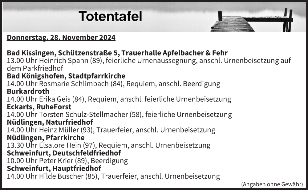  Traueranzeige für Totentafel vom 28.11.2024 vom 28.11.2024 aus MGO