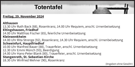Anzeige von Totentafel vom 29.11.2024 von MGO