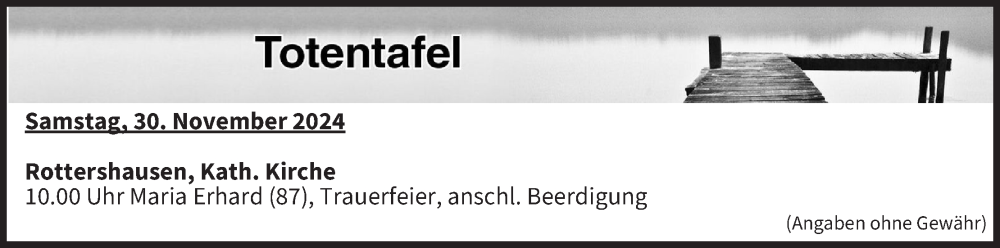  Traueranzeige für Totentafel vom 30.11.2024 vom 30.11.2024 aus MGO