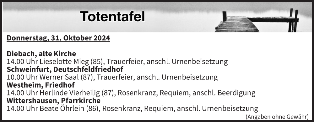  Traueranzeige für Totentafel vom 31.10.2024 vom 31.10.2024 aus MGO