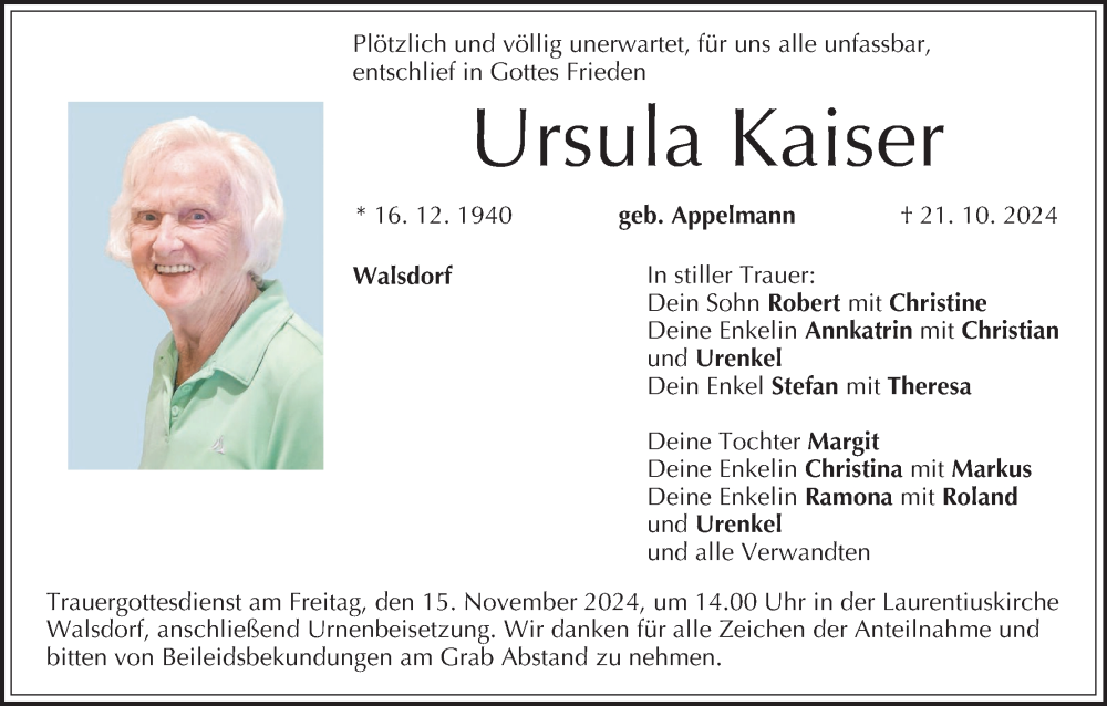  Traueranzeige für Ursula Kaiser vom 09.11.2024 aus MGO