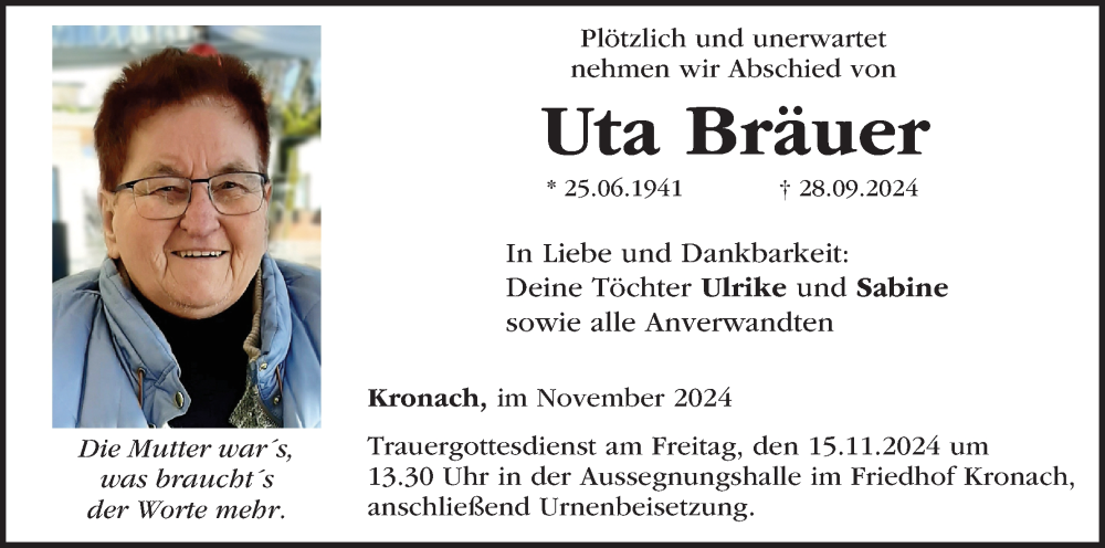  Traueranzeige für Uta Bräuer vom 09.11.2024 aus MGO
