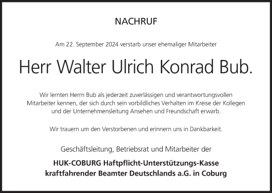 Anzeige von Walter Ulrich Konrad Bub von MGO