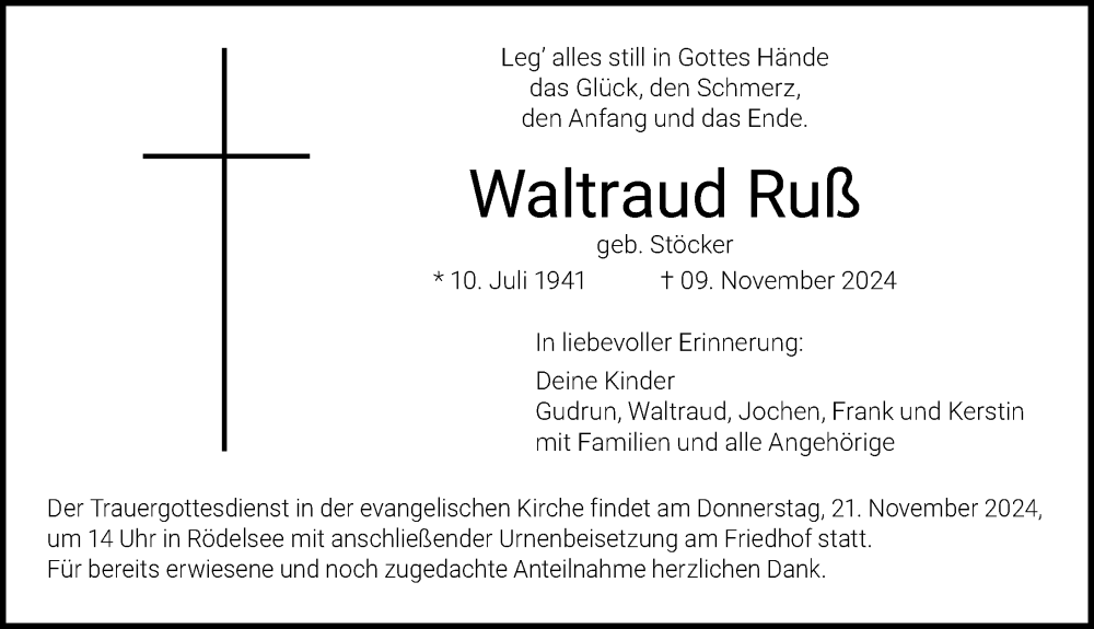  Traueranzeige für Waltraud Ruß vom 16.11.2024 aus MGO