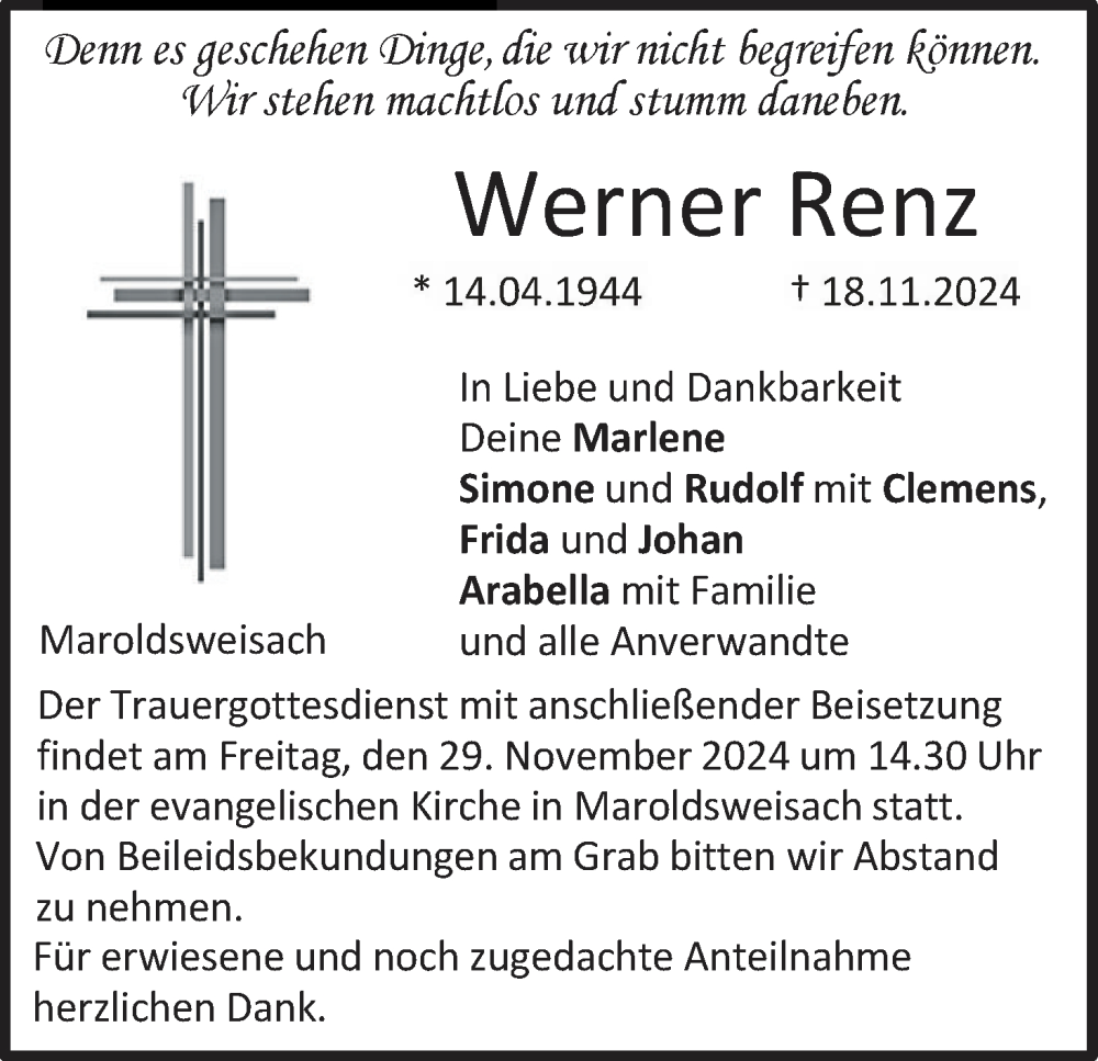  Traueranzeige für Werner Renz vom 27.11.2024 aus MGO