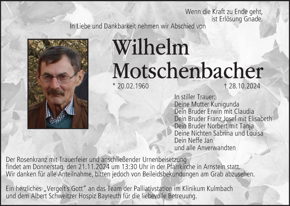  Traueranzeige für Wilhelm Motschenbacher vom 16.11.2024 aus MGO