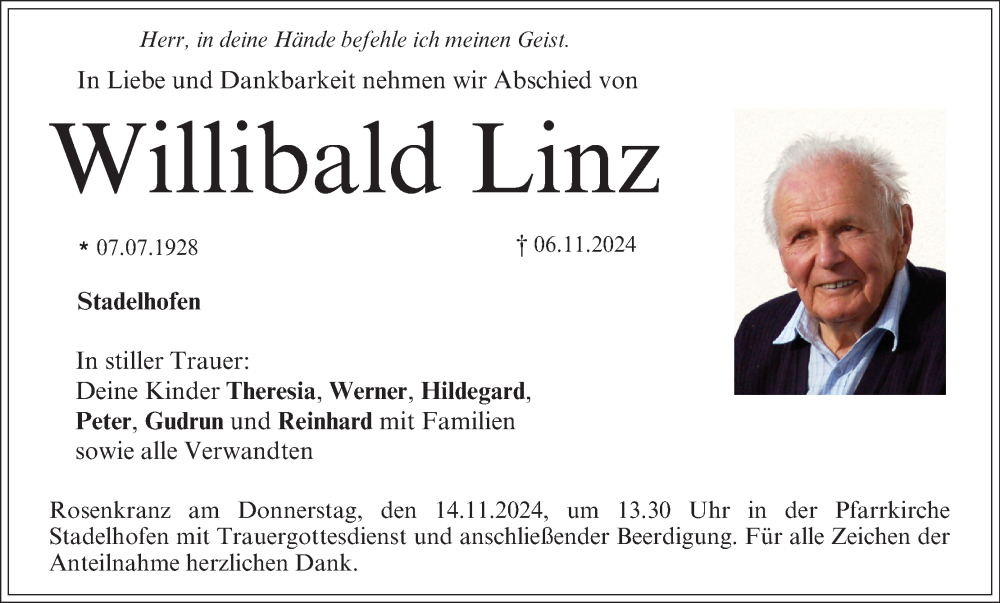  Traueranzeige für Willibald Linz vom 09.11.2024 aus MGO