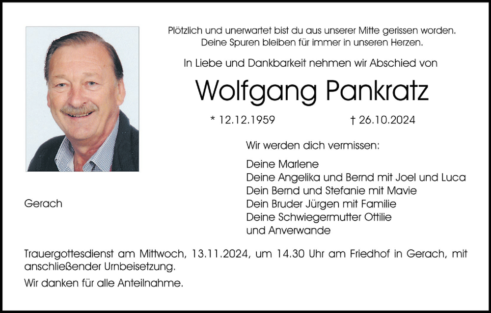  Traueranzeige für Wolfgang Pankratz vom 09.11.2024 aus MGO