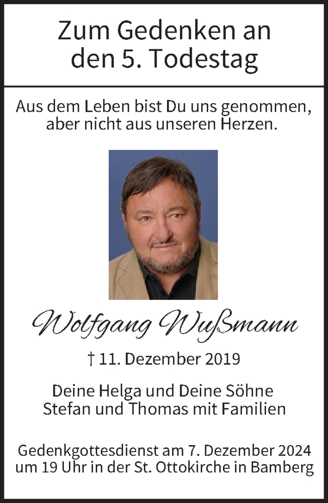  Traueranzeige für Wolfgang Wußmann vom 30.11.2024 aus MGO