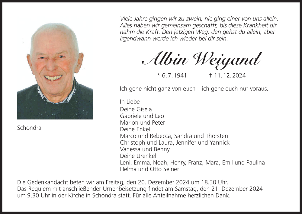  Traueranzeige für Albin Weigand vom 14.12.2024 aus MGO